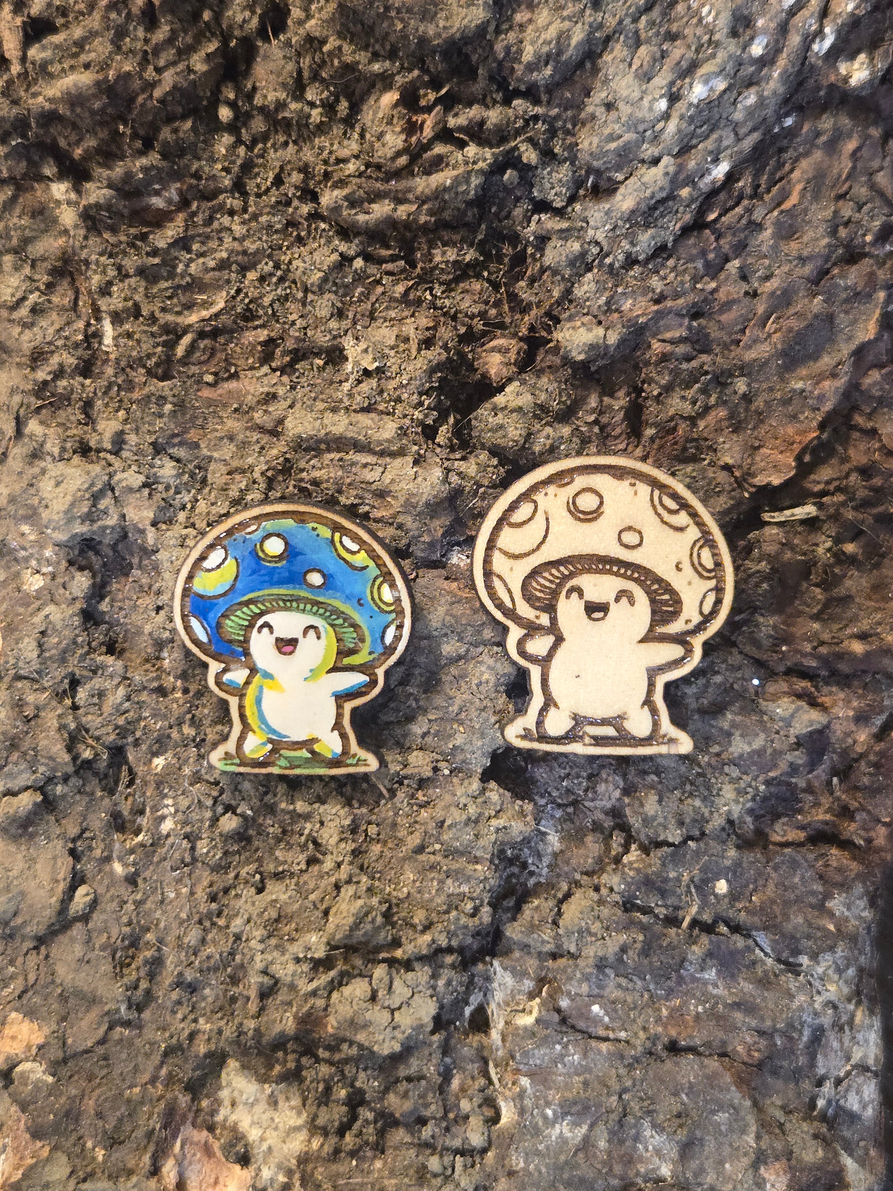 Happy Spores: Cheerful Wooden Mushroom Pin/Magnet